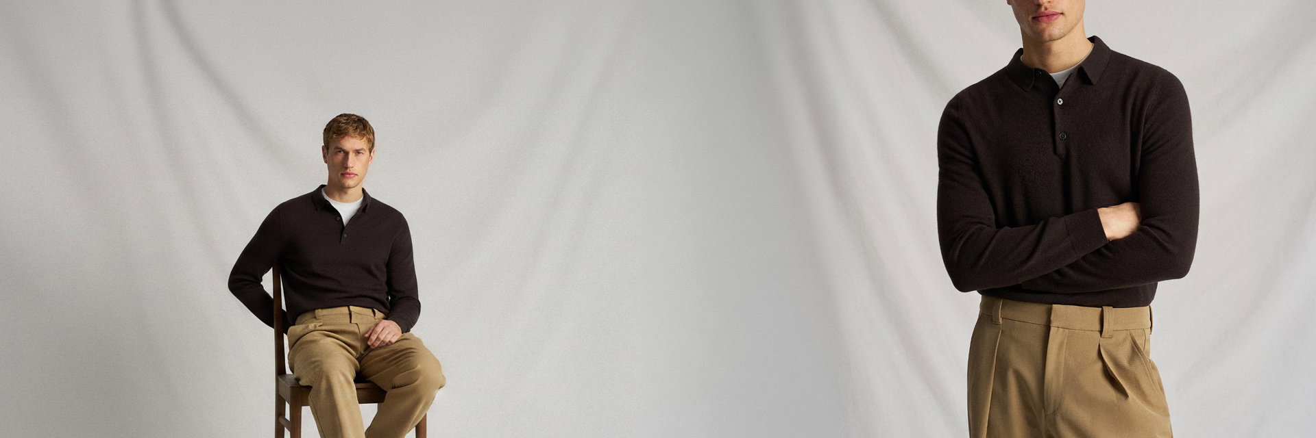 Zwei Ansichten eines Mannes mit beige Hose und braunem Langarm-Poloshirt, sitzend auf Stuhl und stehend mit verschränkten Armen. Zwei Ansichten eines Mannes mit beige Hose und braunem Langarm-Poloshirt, sitzend auf Stuhl und stehend mit verschränkten Armen.