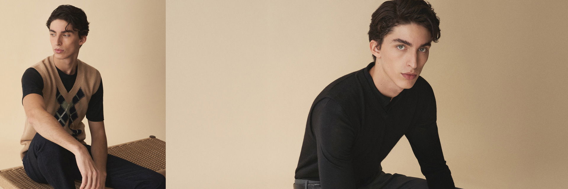 Zwei Bilder: Mann sitzt vor beigem Hintergrund, links mit beigem Pullunder und schwarzem T-Shirt, rechts mit schwarzem Pullover. Zwei Bilder: Mann sitzt vor beigem Hintergrund, links mit beigem Pullunder und schwarzem T-Shirt, rechts mit schwarzem Pullover.