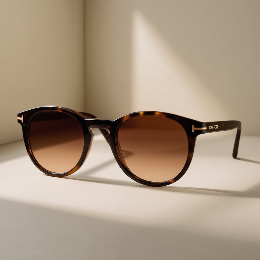 Braune Tom Ford Sonnenbrille mit rundem Rahmen und goldenen Details, auf hellem Untergrund im Schatten liegend.