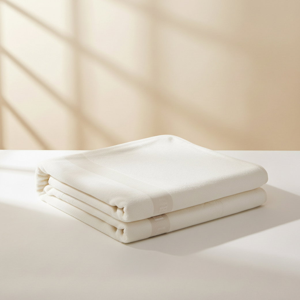 Zwei sauber gefaltete, cremeweiße Strandtücher aus weichem Stoff auf hellem Untergrund mit Schatten im Hintergrund.