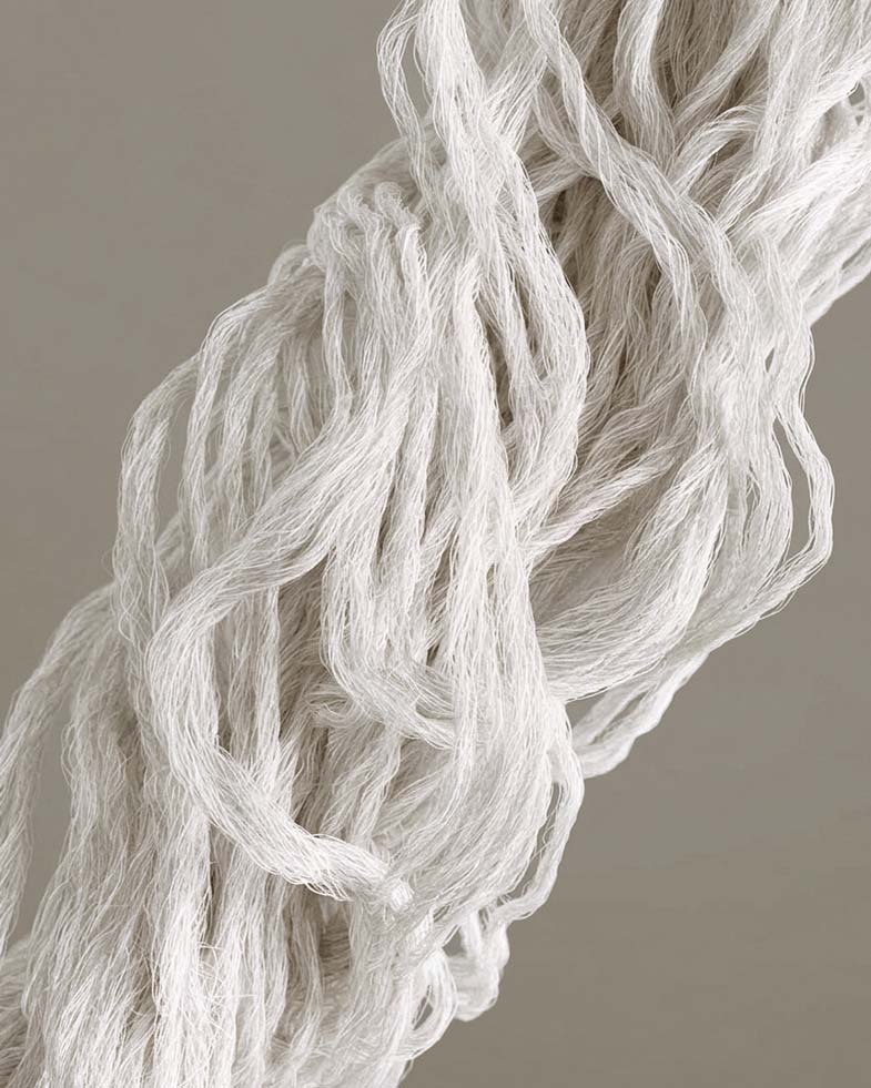 Weiße, locker gebündelte Polyesterfasern mit feiner, faseriger Struktur vor neutralem, graubraunem Hintergrund.
