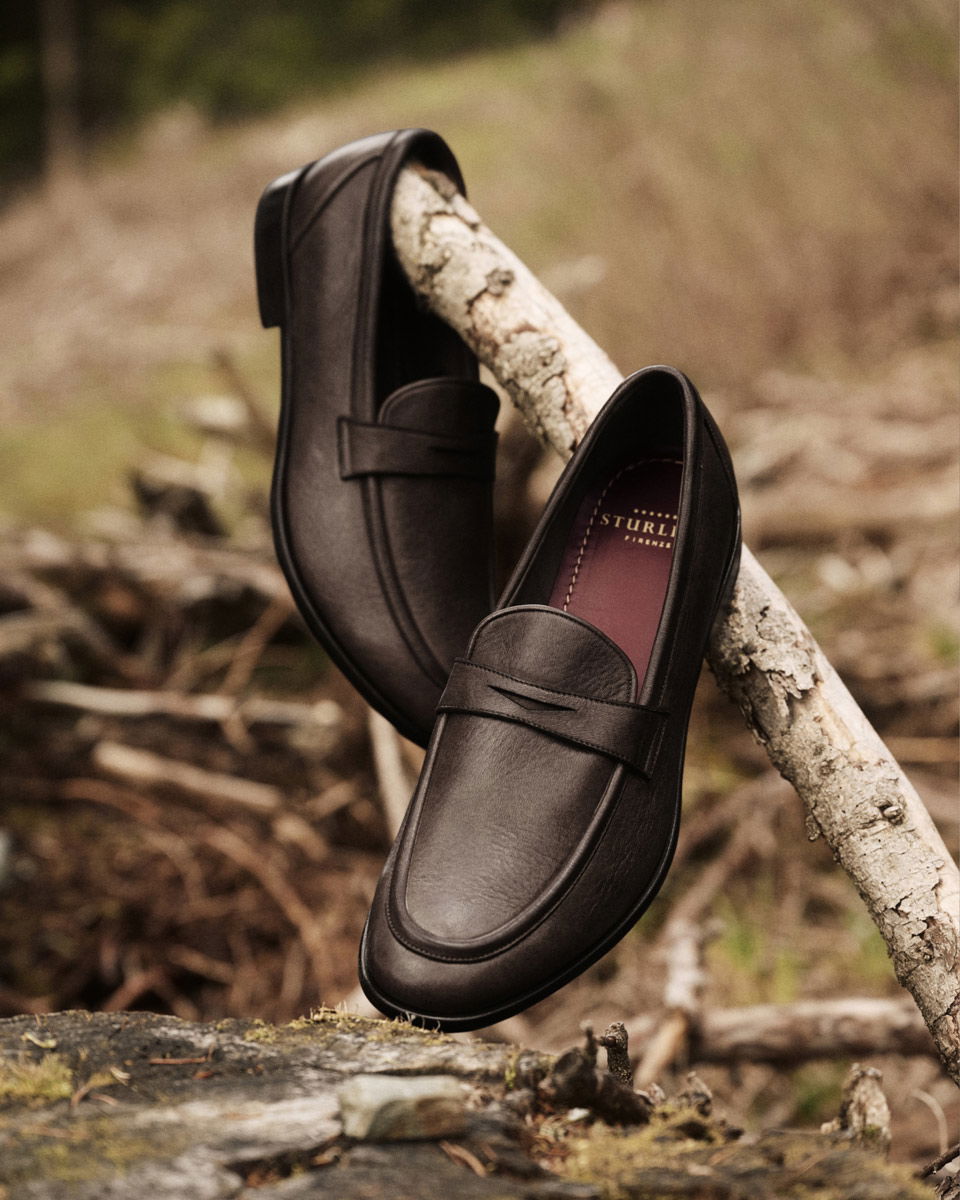 Braune Herren-Lederschuhe im klassischen Loafer-Stil, auf einem Ast in natürlicher Waldumgebung arrangiert. Braune Herren-Lederschuhe im klassischen Loafer-Stil, auf einem Ast in natürlicher Waldumgebung arrangiert.