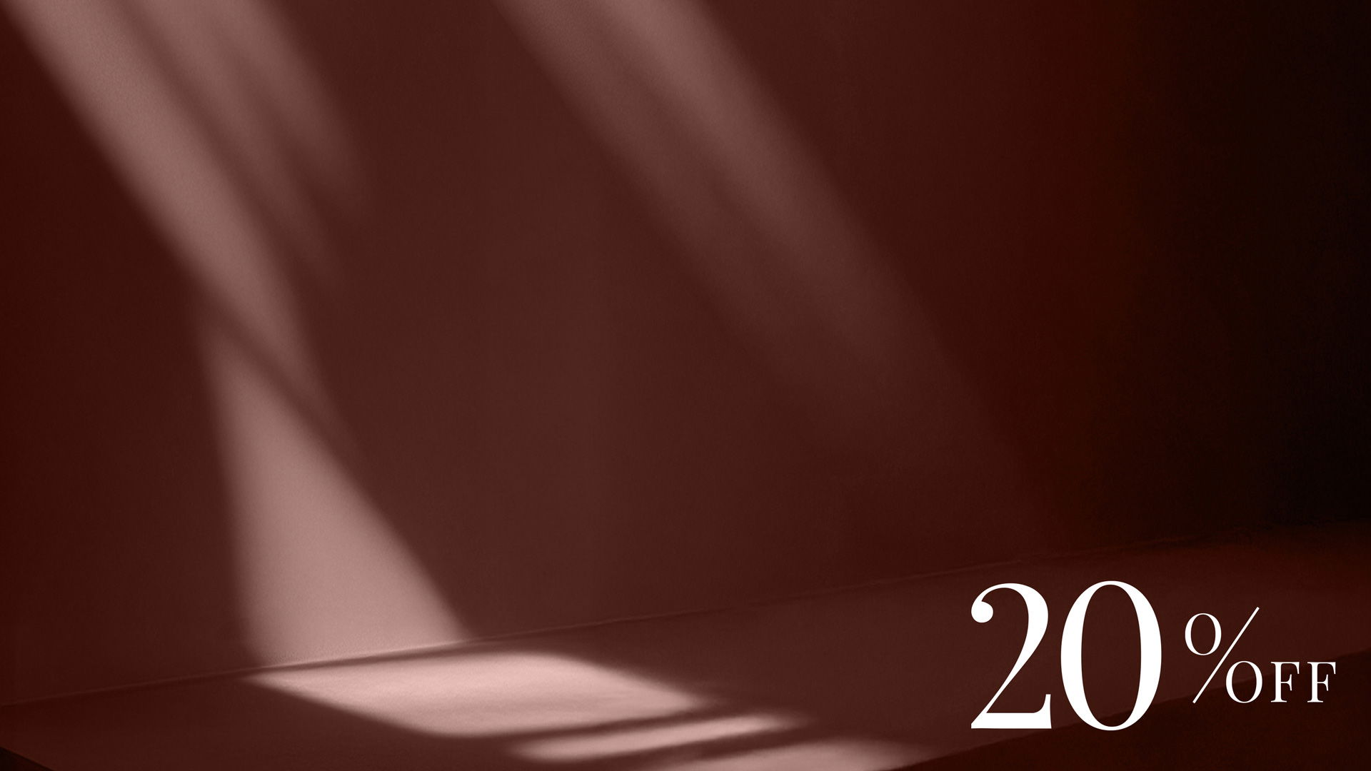 Sonnenlicht fällt schräg durch ein Fenster auf eine braune Wand und Fläche, Text '20% OFF' unten rechts. Sonnenlicht fällt schräg durch ein Fenster auf eine braune Wand und Fläche, Text '20% OFF' unten rechts.