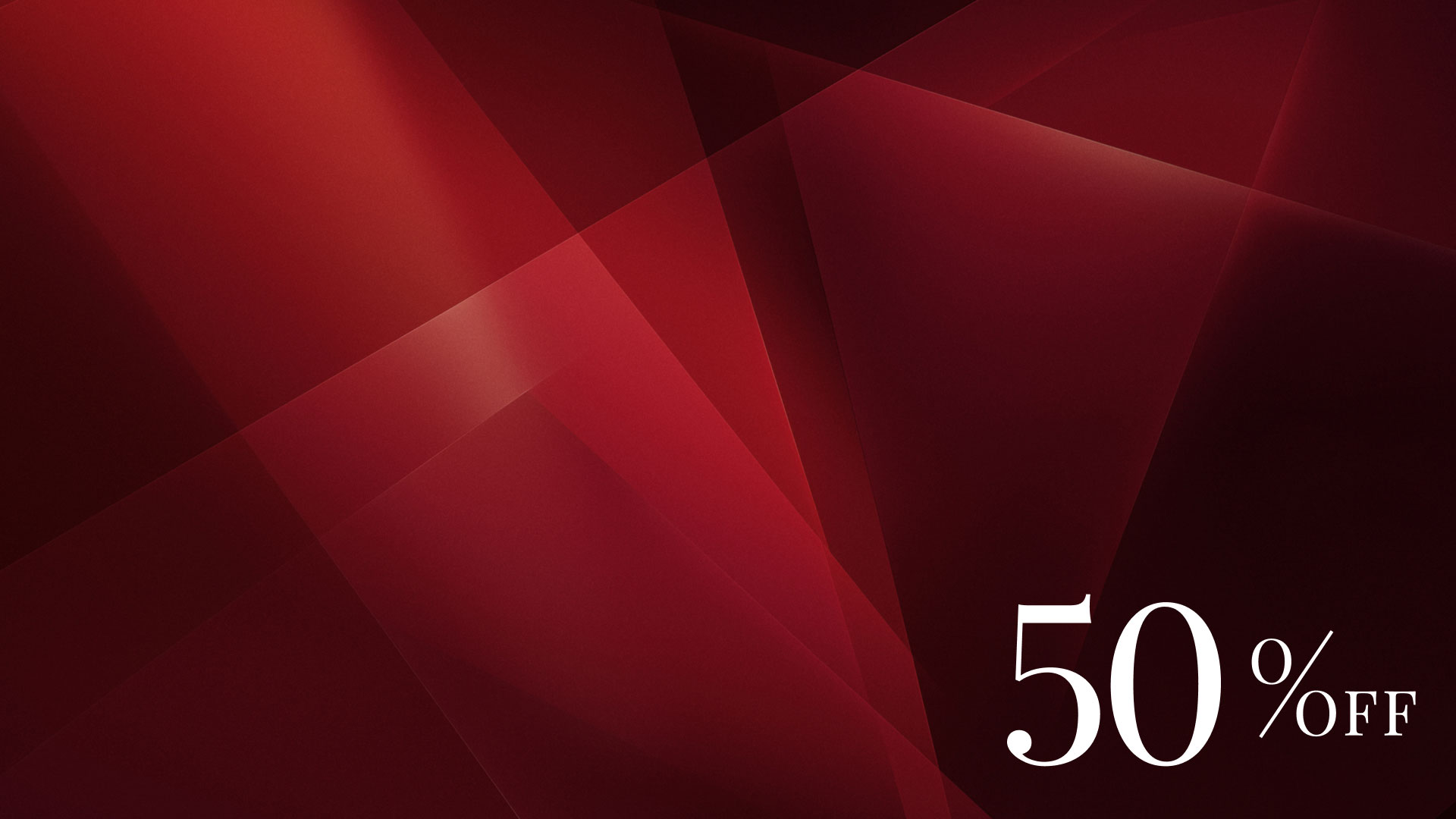 Abstrakter roter Hintergrund mit überlappenden transparenten Flächen und weißem Text '50% OFF' rechts unten. Abstrakter roter Hintergrund mit überlappenden transparenten Flächen und weißem Text '50% OFF' rechts unten.