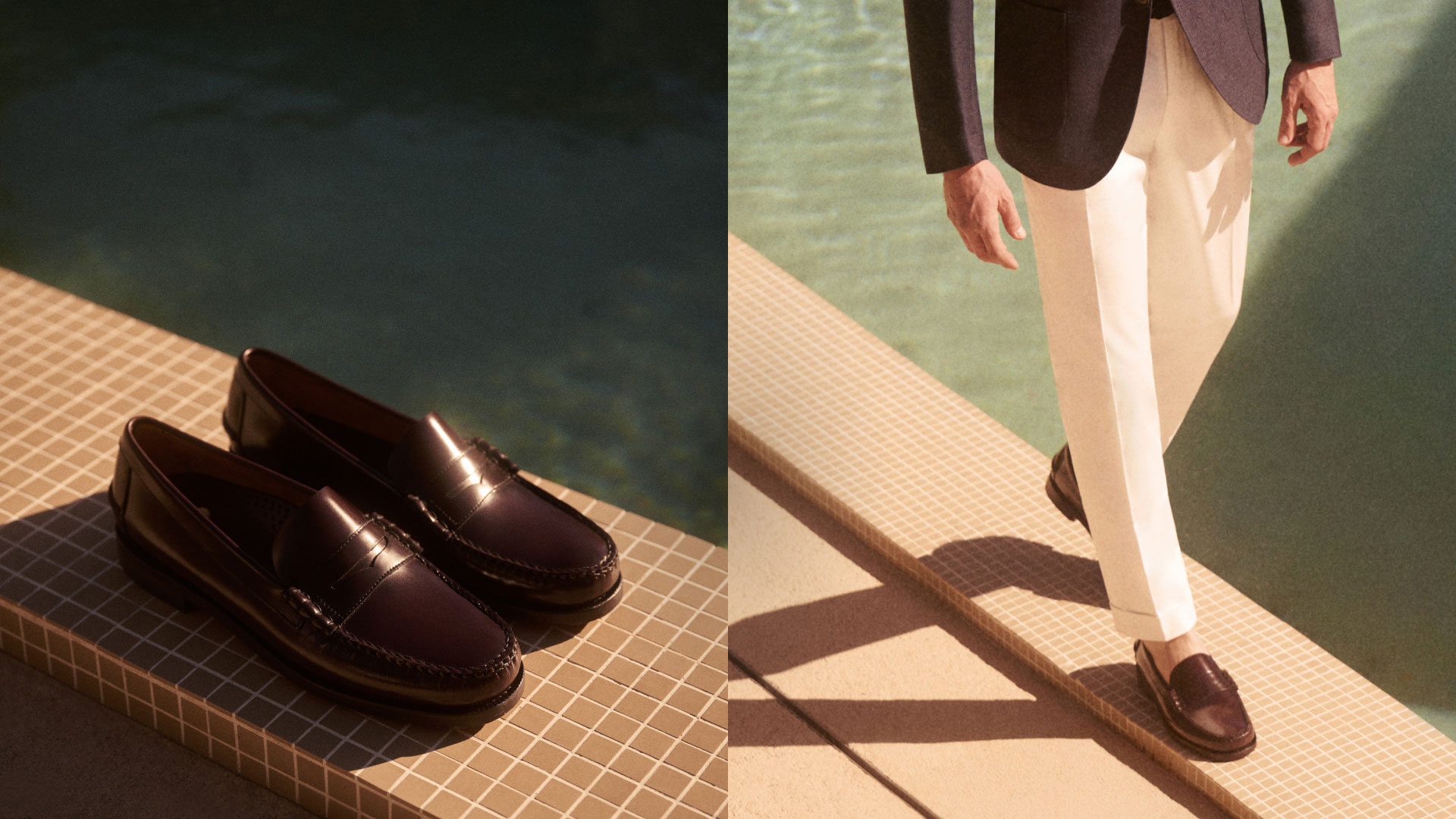 Elegante dunkelbraune Herrenschuhe auf Poolrand und am Mann mit weißer Hose und dunkelblauem Sakko, sonniger Tag. Elegante dunkelbraune Herrenschuhe auf Poolrand und am Mann mit weißer Hose und dunkelblauem Sakko, sonniger Tag.