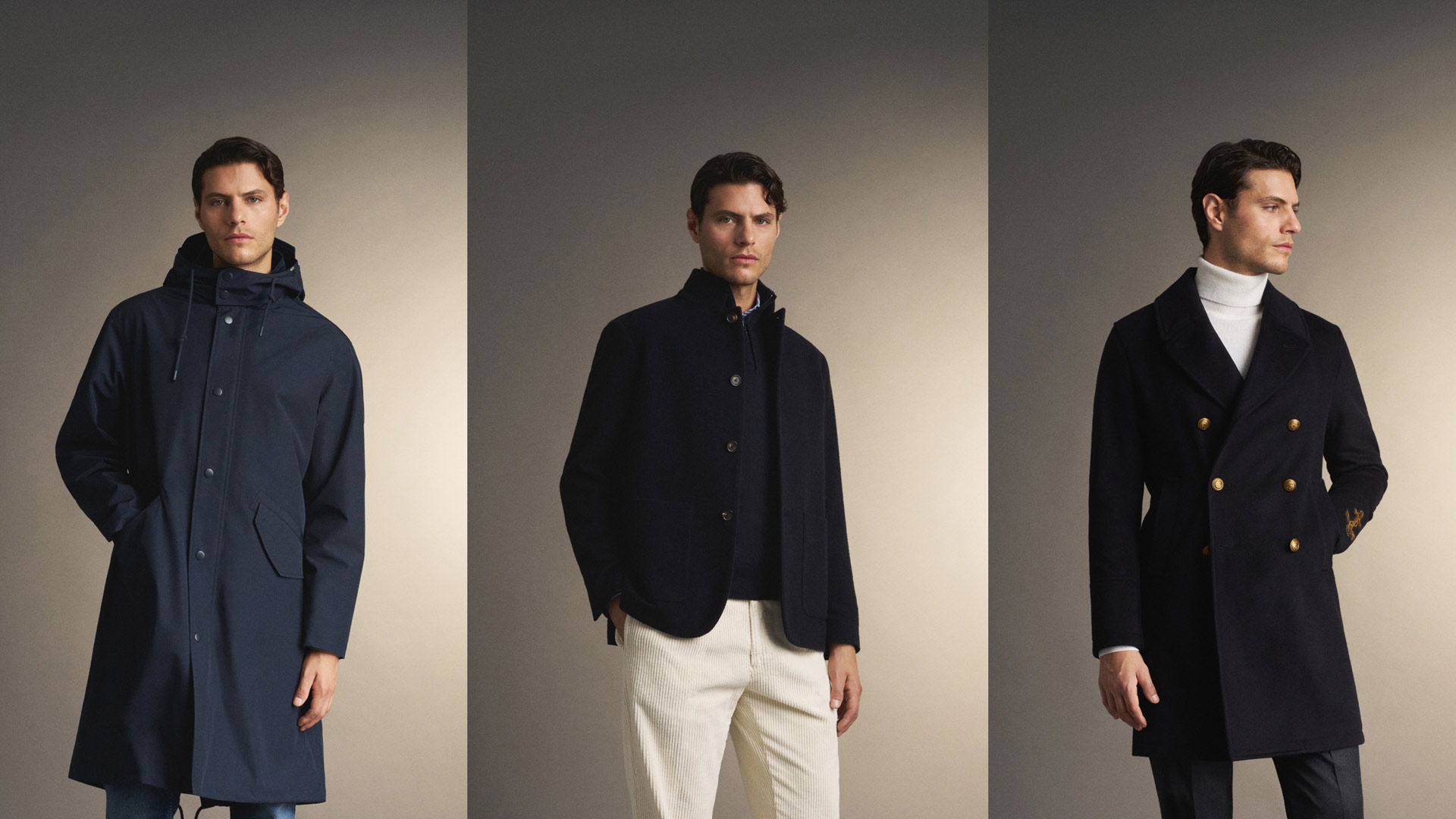 Drei Aufnahmen eines Mannes mit unterschiedlichen dunkelblauen Mänteln und Jacken vor neutralem Hintergrund. Drei Aufnahmen eines Mannes mit unterschiedlichen dunkelblauen Mänteln und Jacken vor neutralem Hintergrund.