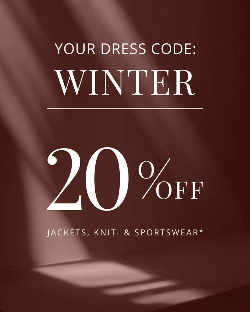 Winter sale promotion with 20% off on jackets, knitwear, and sportswear displayed on a brown background with light shadows.