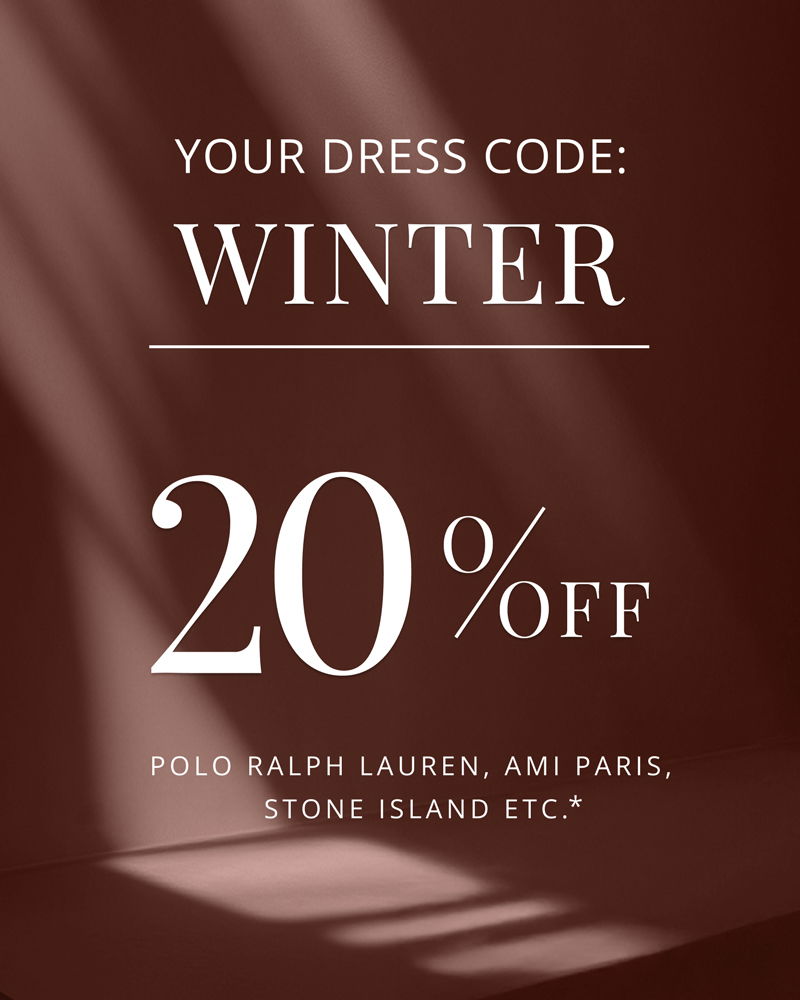 Winter dress code sale offering 20% off on brands like Polo Ralph Lauren, Ami Paris, Stone Island, on a dark brown background.