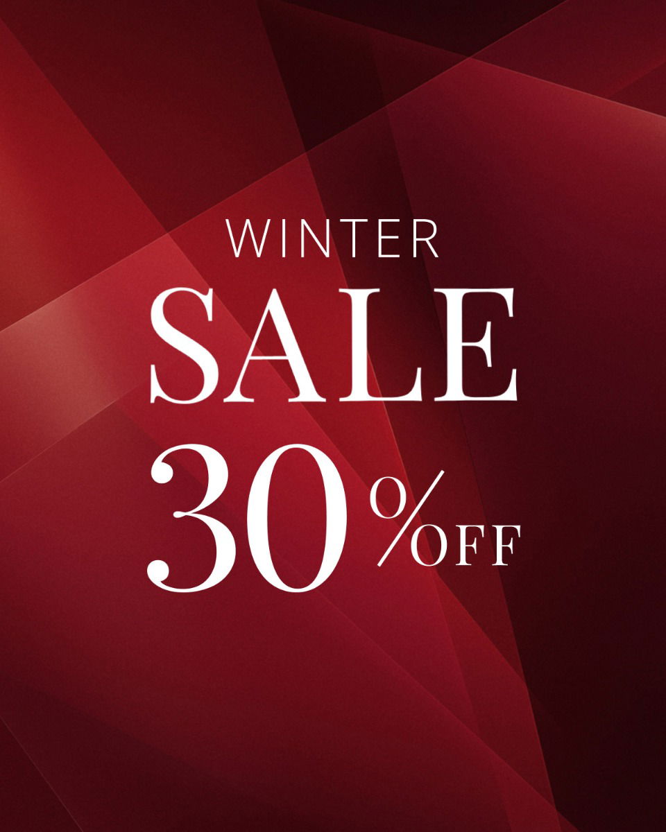 Winter Sale 30% off text in white on a dark red geometric abstract background.