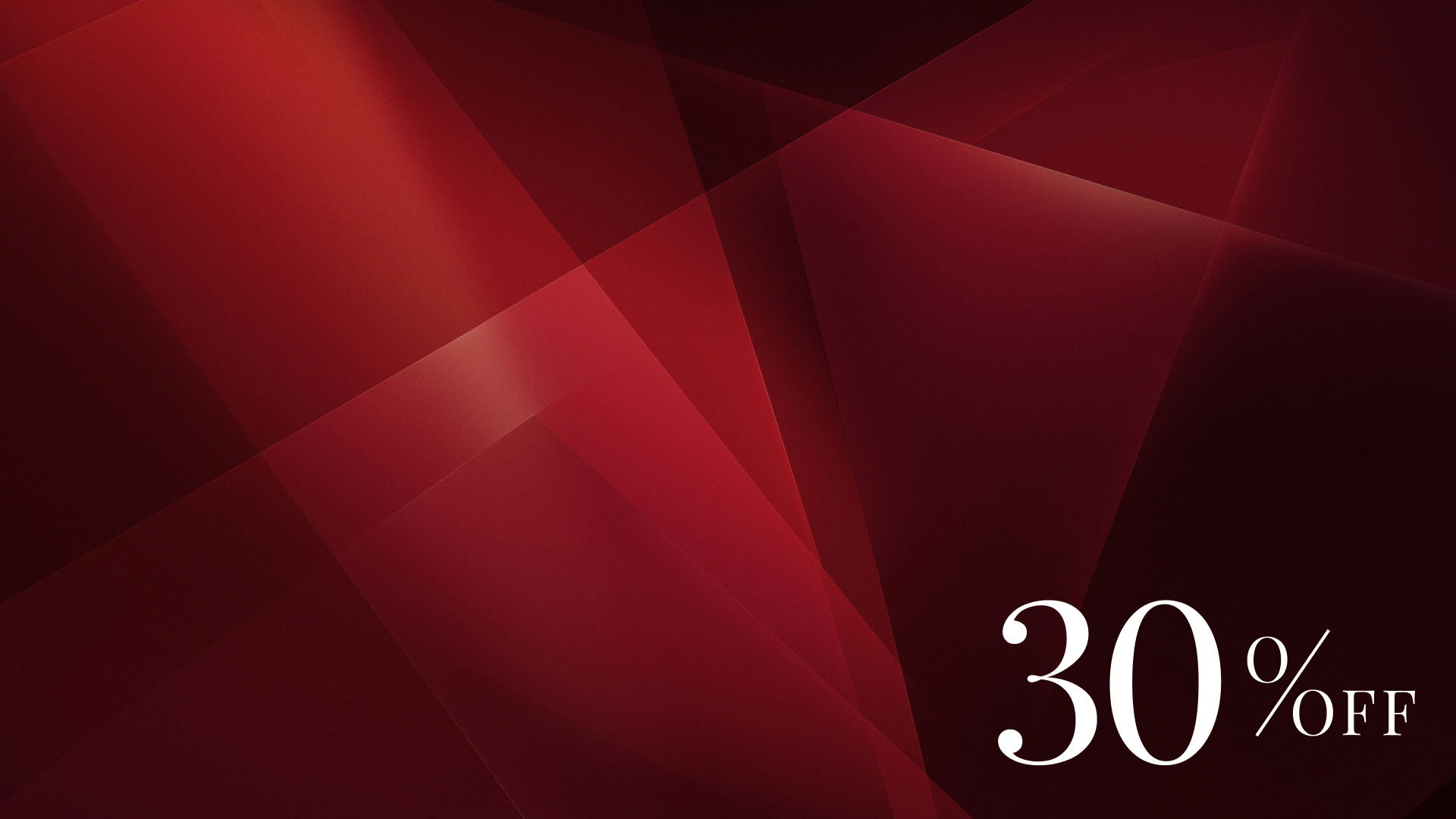 Rotes abstraktes Hintergrundbild mit überlappenden transparenten Formen und weißem Text '30% OFF' unten rechts. Rotes abstraktes Hintergrundbild mit überlappenden transparenten Formen und weißem Text '30% OFF' unten rechts.