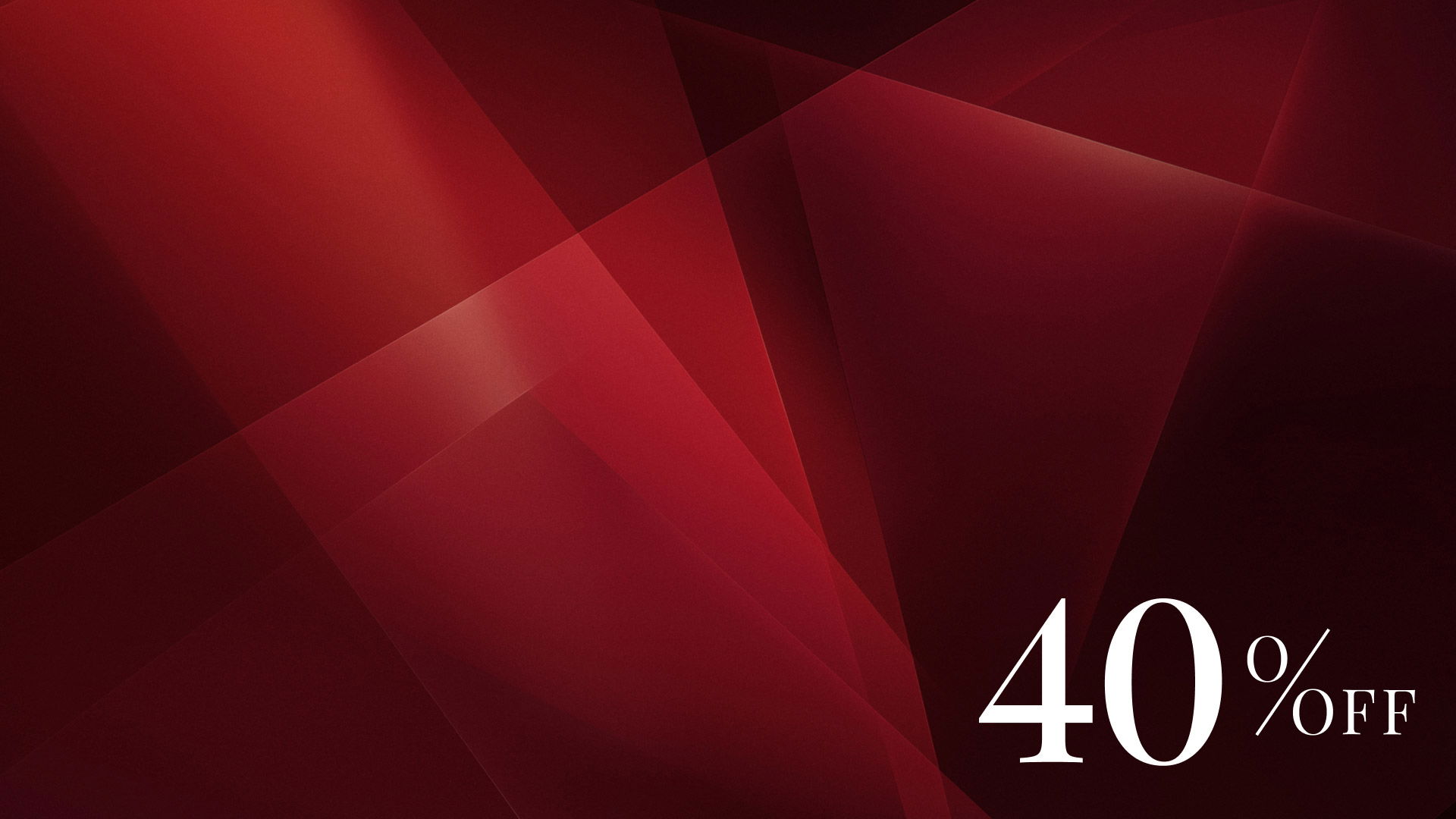 Abstract dark red geometric background with transparent overlapping shapes and large white text reading '40% OFF' in the bottom right corner. Abstract dark red geometric background with transparent overlapping shapes and large white text reading '40% OFF' in the bottom right corner.