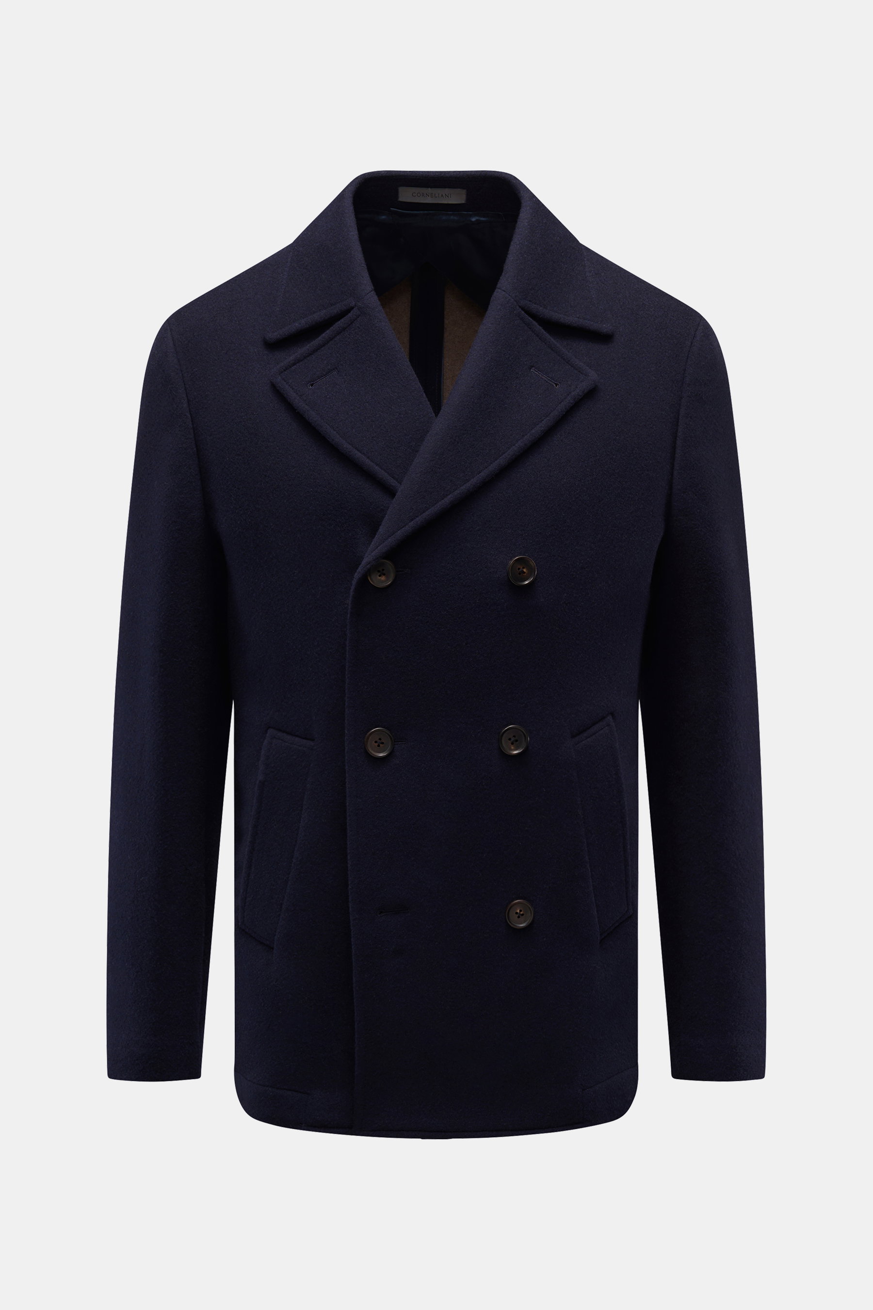 Corneliani Cabanjacke navy, frontal fotografiert, Slim Fit aus wärmender Schurwolle und Seide, zweireihiger Drei-Knopf-Stil, breiter Reverskragen, paspelierte Fronttaschen, Rückenmittelschlitz, unconstructed Design, zwei Innentaschen.