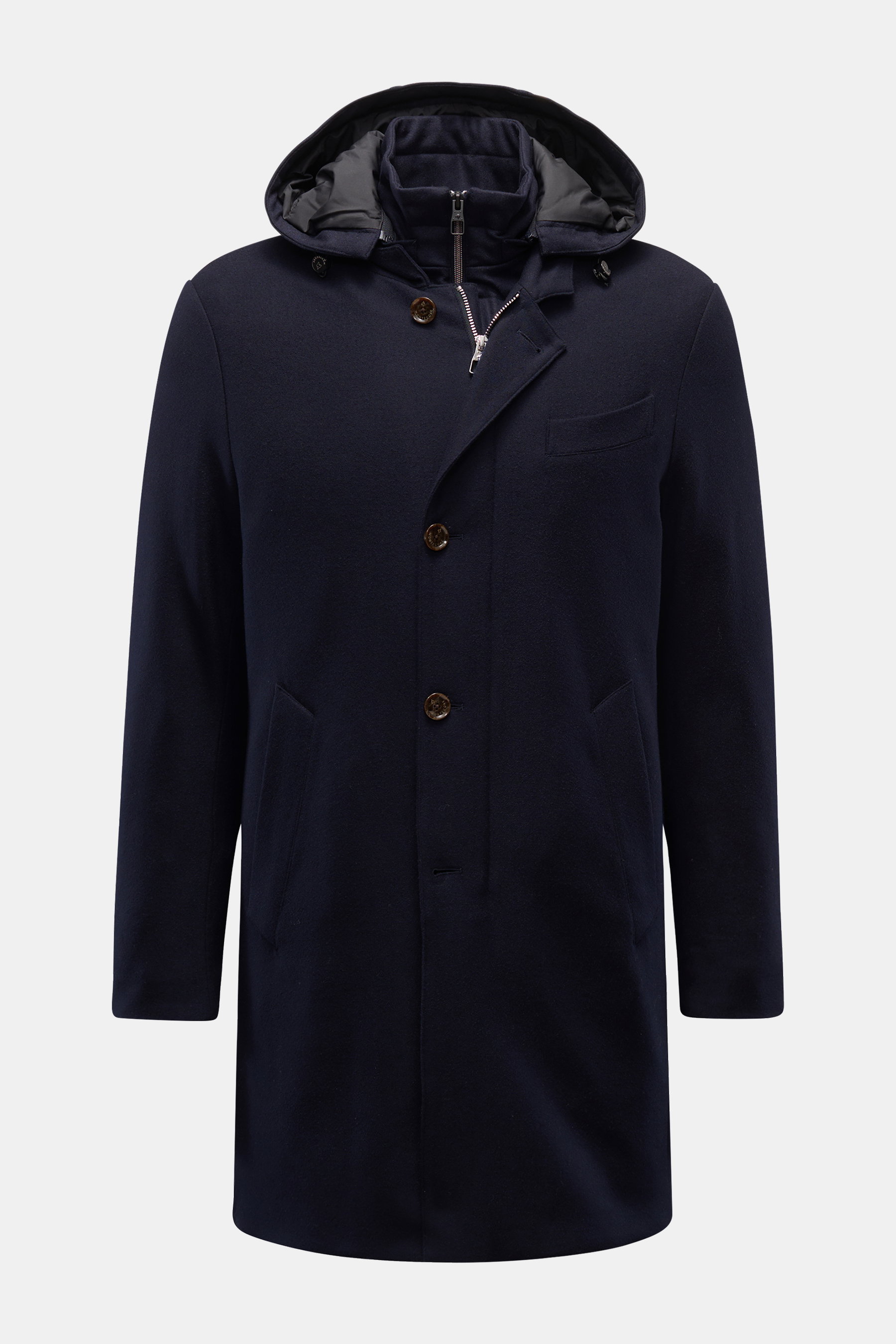 Montecore Daunen-Kurzmantel navy in Frontansicht, elastische Schurwolle, Slim Fit, Daunenfüllung, abnehmbare Kapuze, Double-Front, Leistentaschen.
