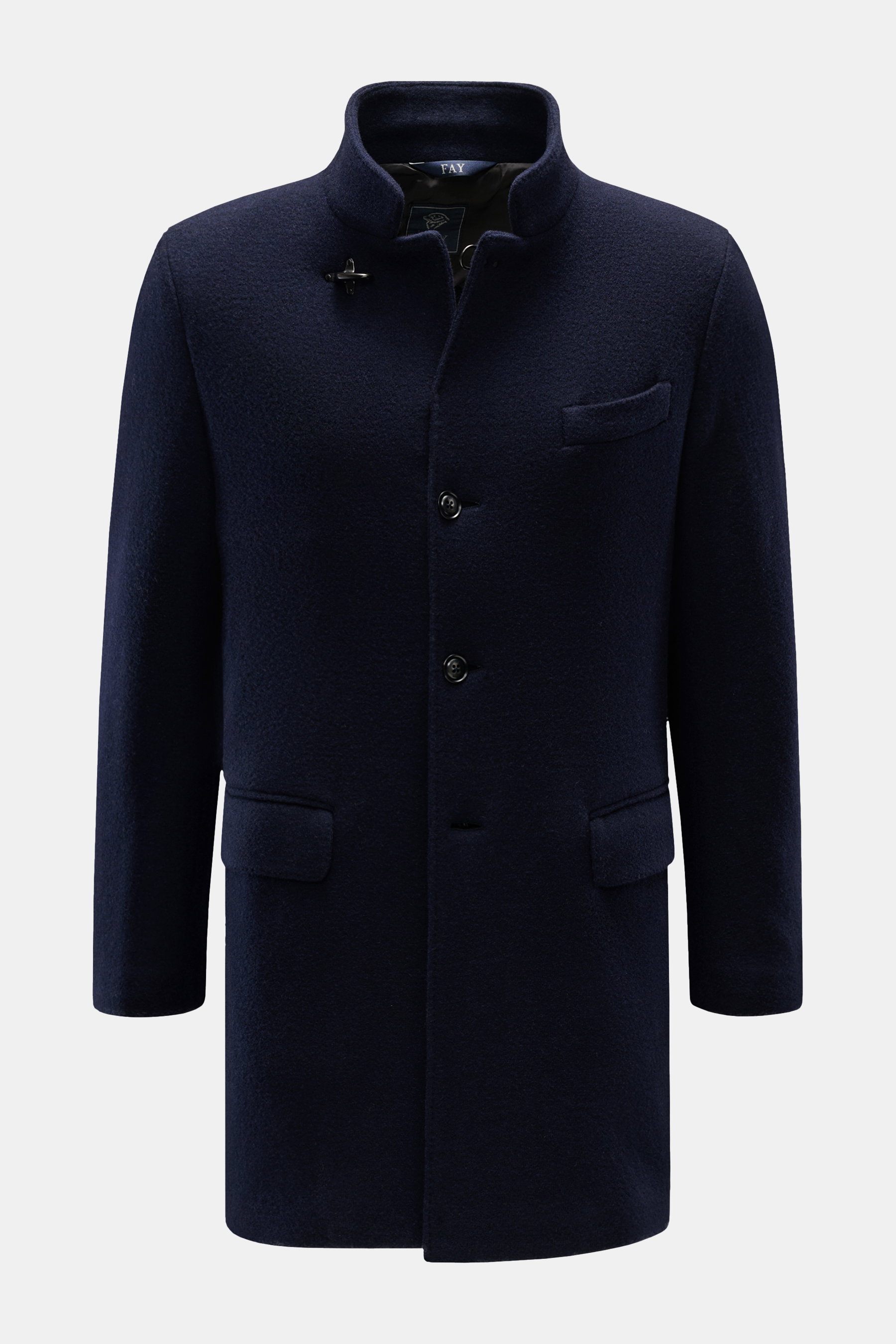 Fay Jersey-Mantel 'Duty Coat' navy in Slim Fit, melierter Woll-Microfaser-Jersey, Dreiknopf-Leiste, variabler Reverskragen mit Karabinerverschluss, Brust- und Hüfttaschen, von vorne fotografiert.