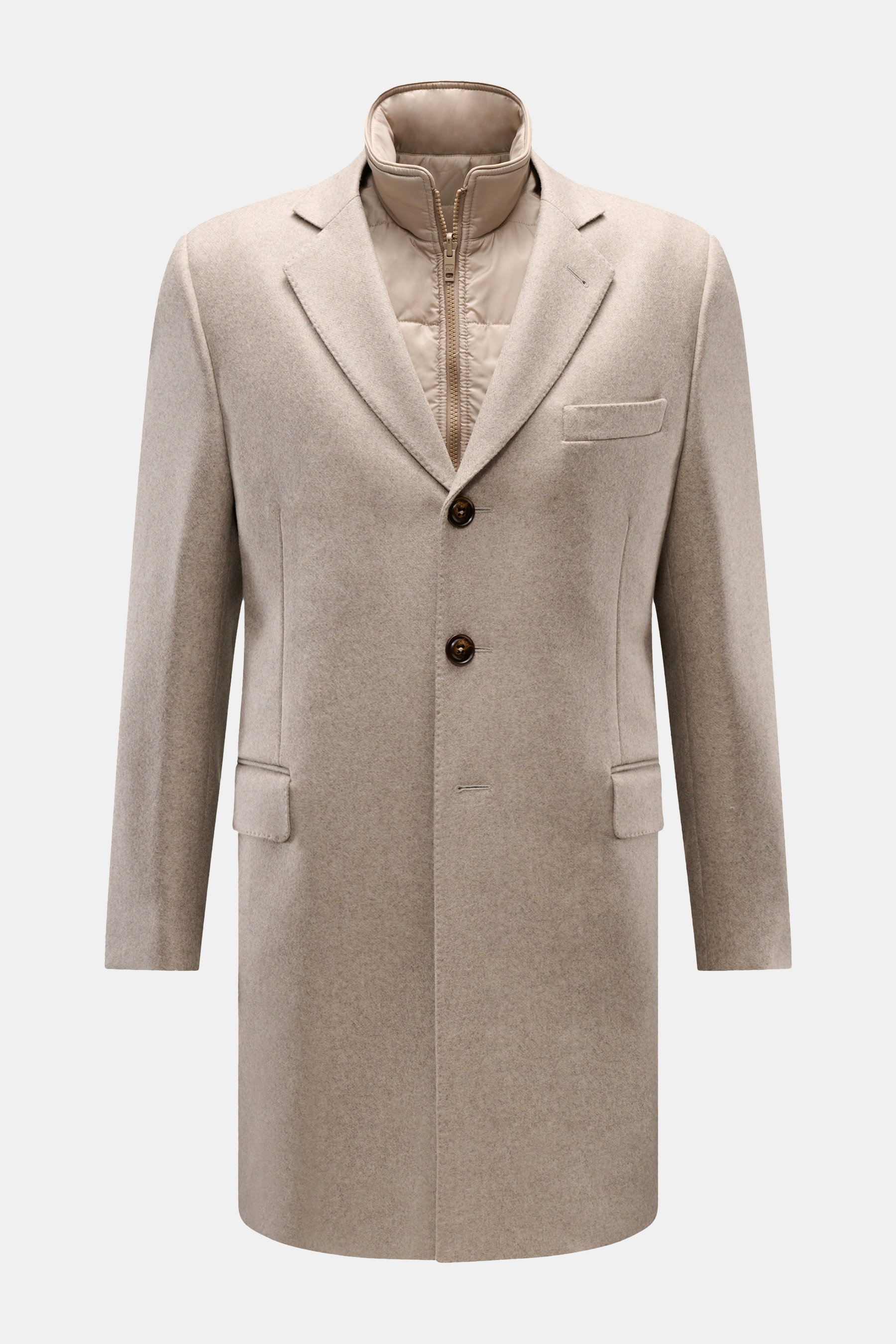 Fay Mantel 'Double Coat' mit Weste beige, frontale Ansicht, Slim Fit Wollmantel mit drei Knöpfen, Reverskragen, Brust- und Hüfttaschen, Steppweste.