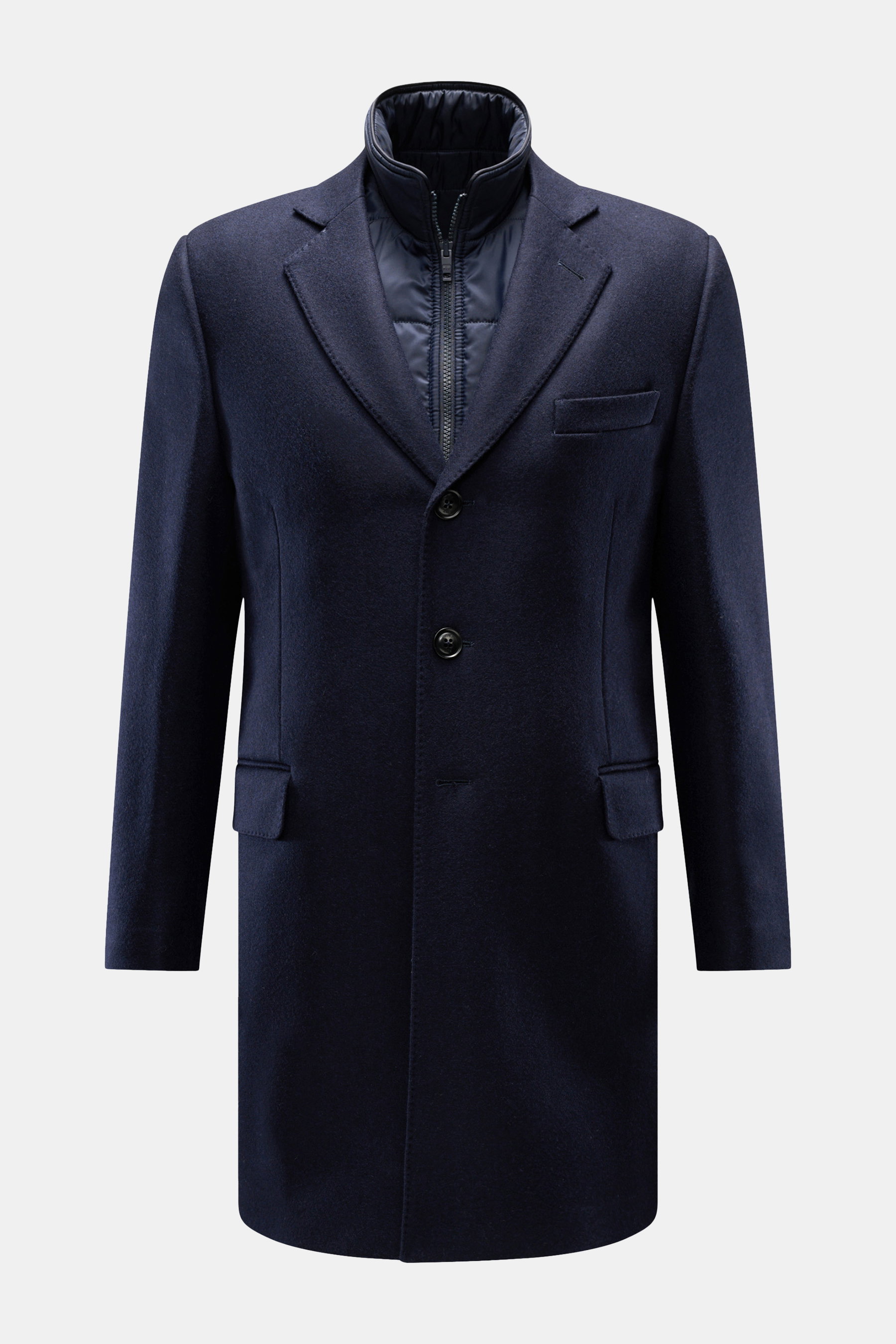 Fay Mantel 'Double Coat' mit Weste navy, frontal fotografiert, aus Wolle mit Cashmere, Slim Fit, Steppweste, Reverskragen, Brust- und Hüfttaschen.
