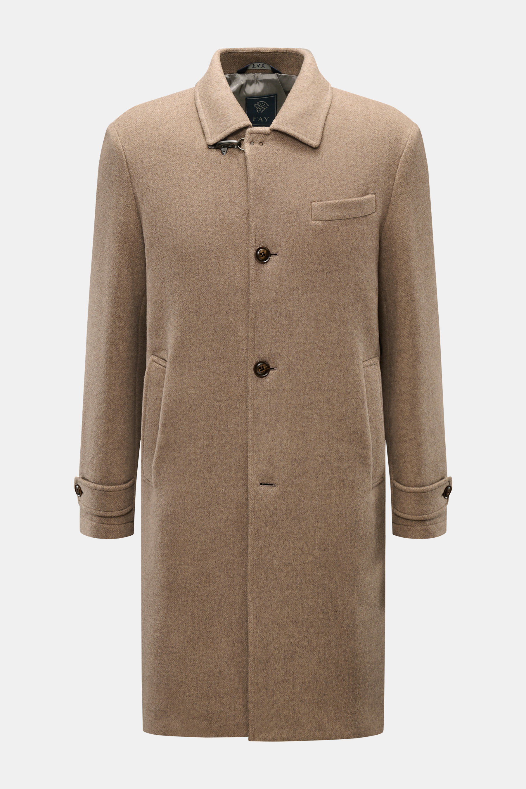Fay Mantel beige meliert, Slim Fit, aus Woll-Microfaser-Mix mit Umlegekragen, Karabinerverschluss, drei Knöpfen, Taschen, frontale Ansicht.