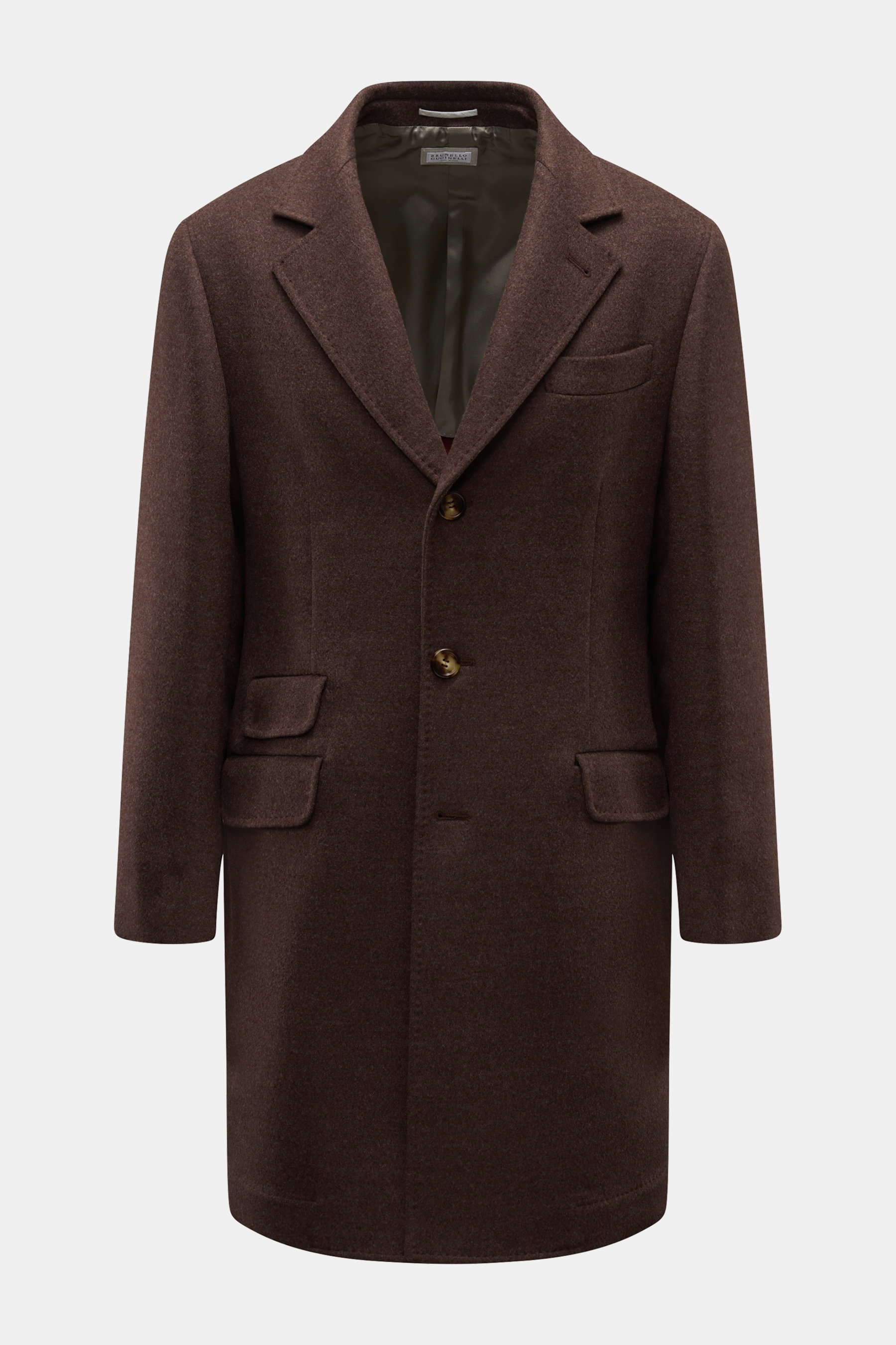 Brunello Cucinelli Mantel braun, frontal fotografiert, Slim Fit Wollmantel mit drei Knöpfen, variabler Reverskragen, Taschen und halb gefüttert.