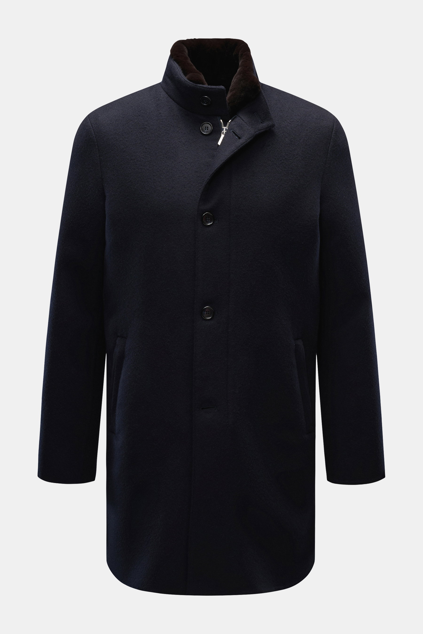 Mandelli Cashmere Mantel navy, frontal fotografiert, Slim Fit, reiner Cashmere, Stehkragen mit Nerz, abnehmbares Kaninchenfell-Futter, Knopfleiste, Zipper-Taschen.