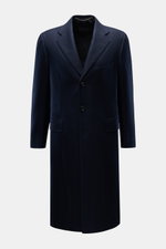Alt-Tag (124 Zeichen): Frontal fotografierter Cesare Attolini Cashmere Mantel navy aus reinem Cashmere mit Slim Fit, drei Knöpfen und Taschenpasse.