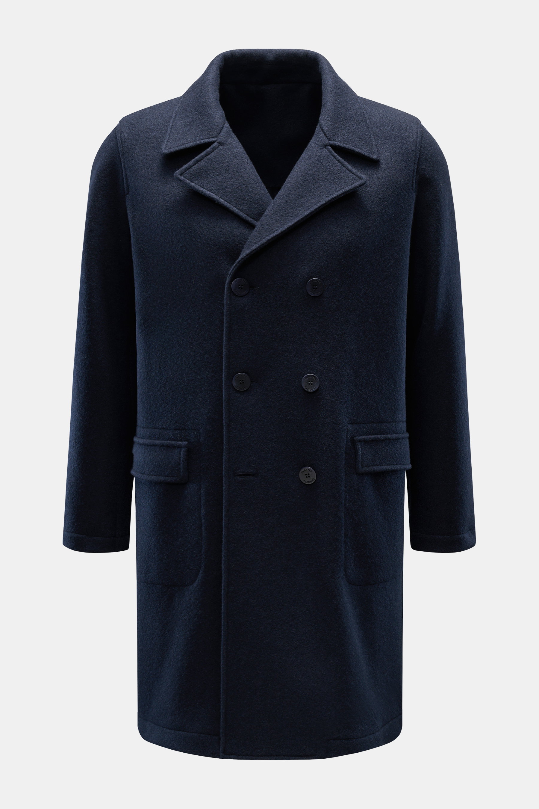 Front view of Lunaria Cashmere Cashmere Mantel navy, a slim fit, unlined navy coat made of pure cashmere with a very soft feel, featuring a double-breasted three-button style, notch collar, flap front pockets, a center back vent, and one inner pocket. <p>
