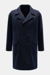Front view of Lunaria Cashmere Cashmere Mantel navy, a slim fit, unlined navy coat made of pure cashmere with a very soft feel, featuring a double-breasted three-button style, notch collar, flap front pockets, a center back vent, and one inner pocket. <p>