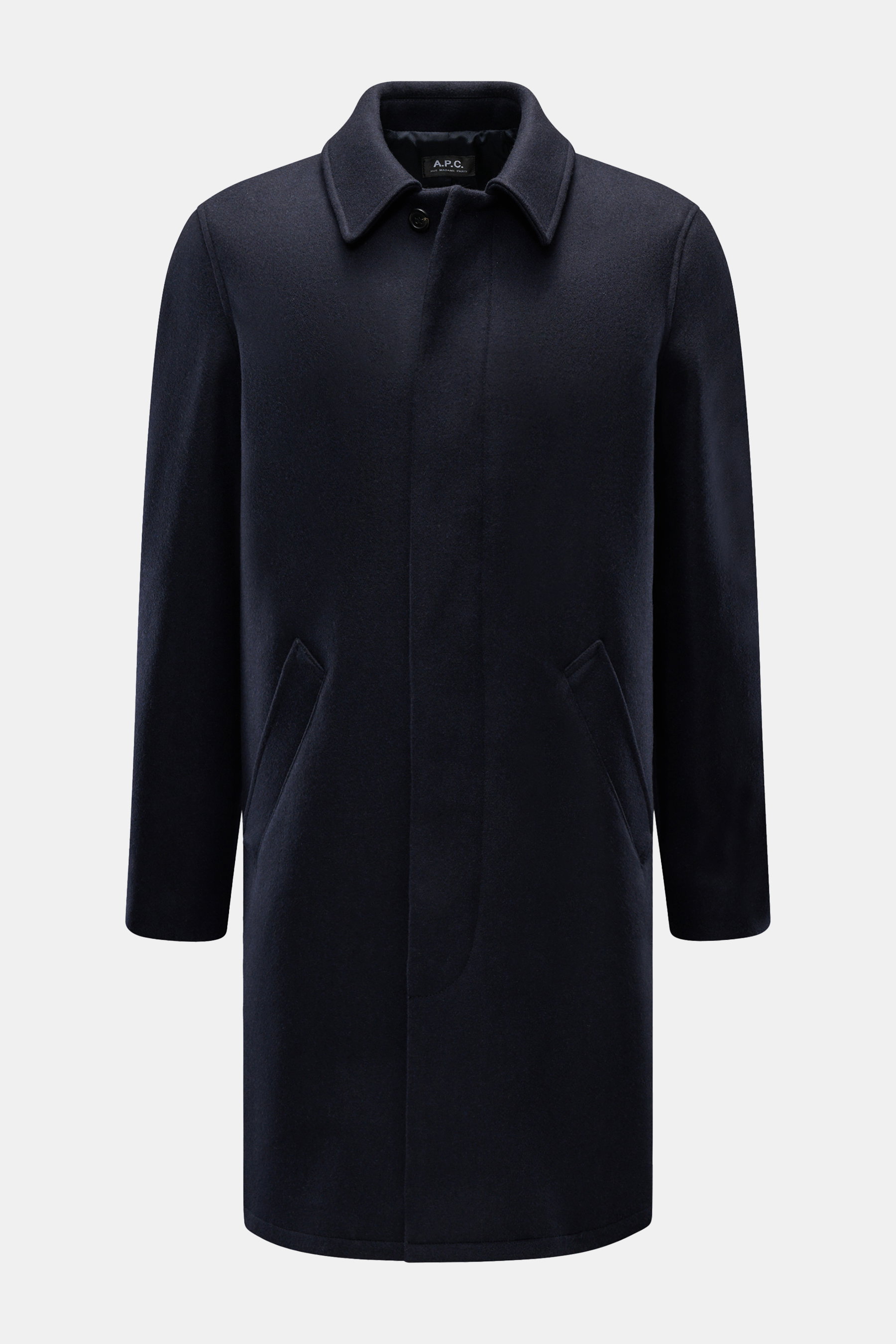 A.P.C. Mantel 'Mac Auster' navy in Frontansicht, gerader Schnitt, gefilzte Wolle, verdeckte Knopfleiste, Leistentaschen, Umlegekragen, Regular Fit.