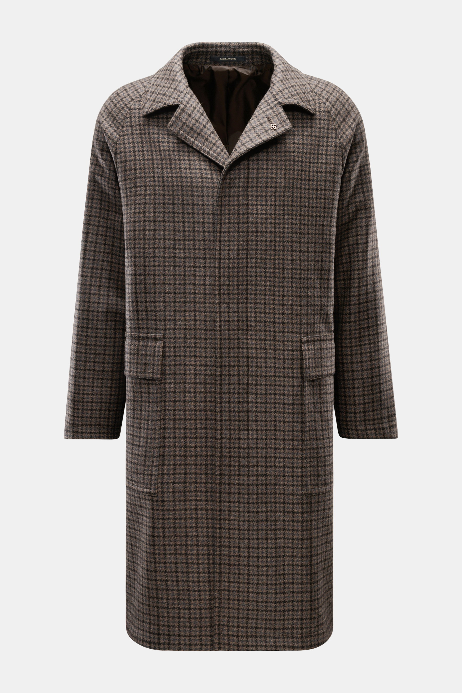 Tagliatore Mantel 'Lloyd' graubraun/navy/grau kariert, frontale Ansicht, Regular Fit, Schurwoll-Mix, verdeckte Knopfleiste, Hahnentritt-Muster, Umlegekragen mit Pin, aufgesetzte Taschen.