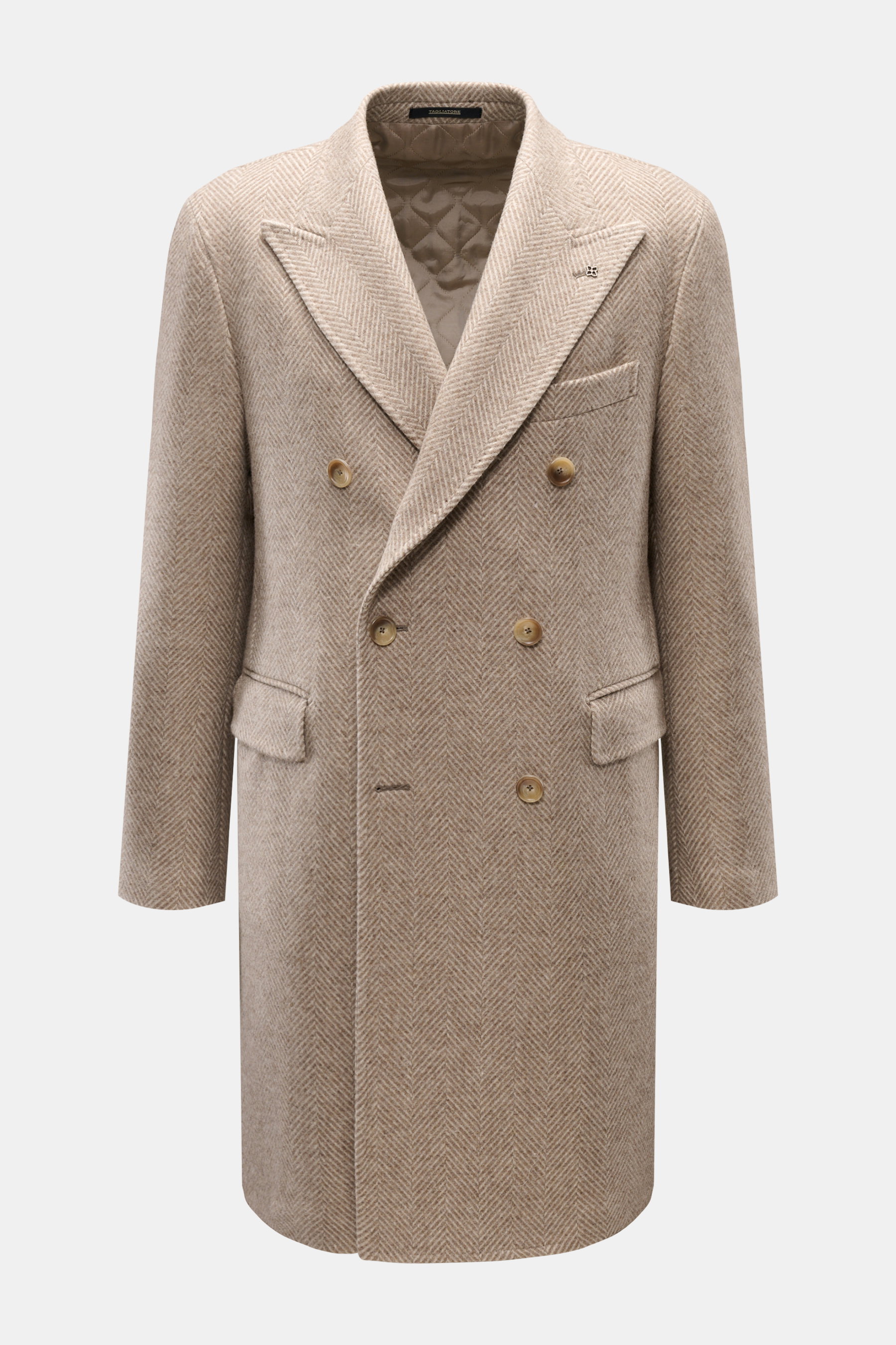 Tagliatore Wollmantel beige/creme gemustert in Slim Fit, frontale Ansicht, Fischgratmuster, Woll-Cashmere-Mix, zweireihig, Spitzrevers mit Logo-Pin, Brusttasche, Pattentaschen, unvollendete Ärmel, Rückenmittelschlitz, halb gefüttert.