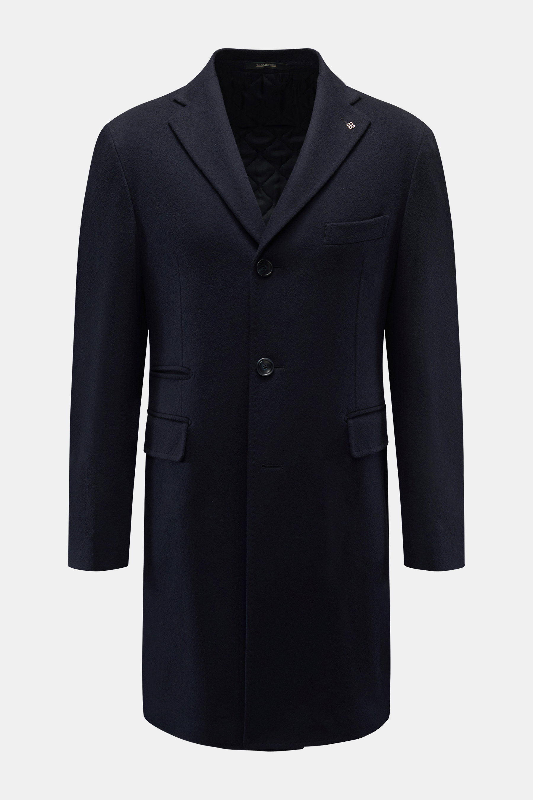 Tagliatore Cashmere Mantel navy, Slim Fit, aus reinem Cashmere, vorne mit drei Knöpfen, Pattentaschen, Reverskragen mit Pin, frontal fotografiert.