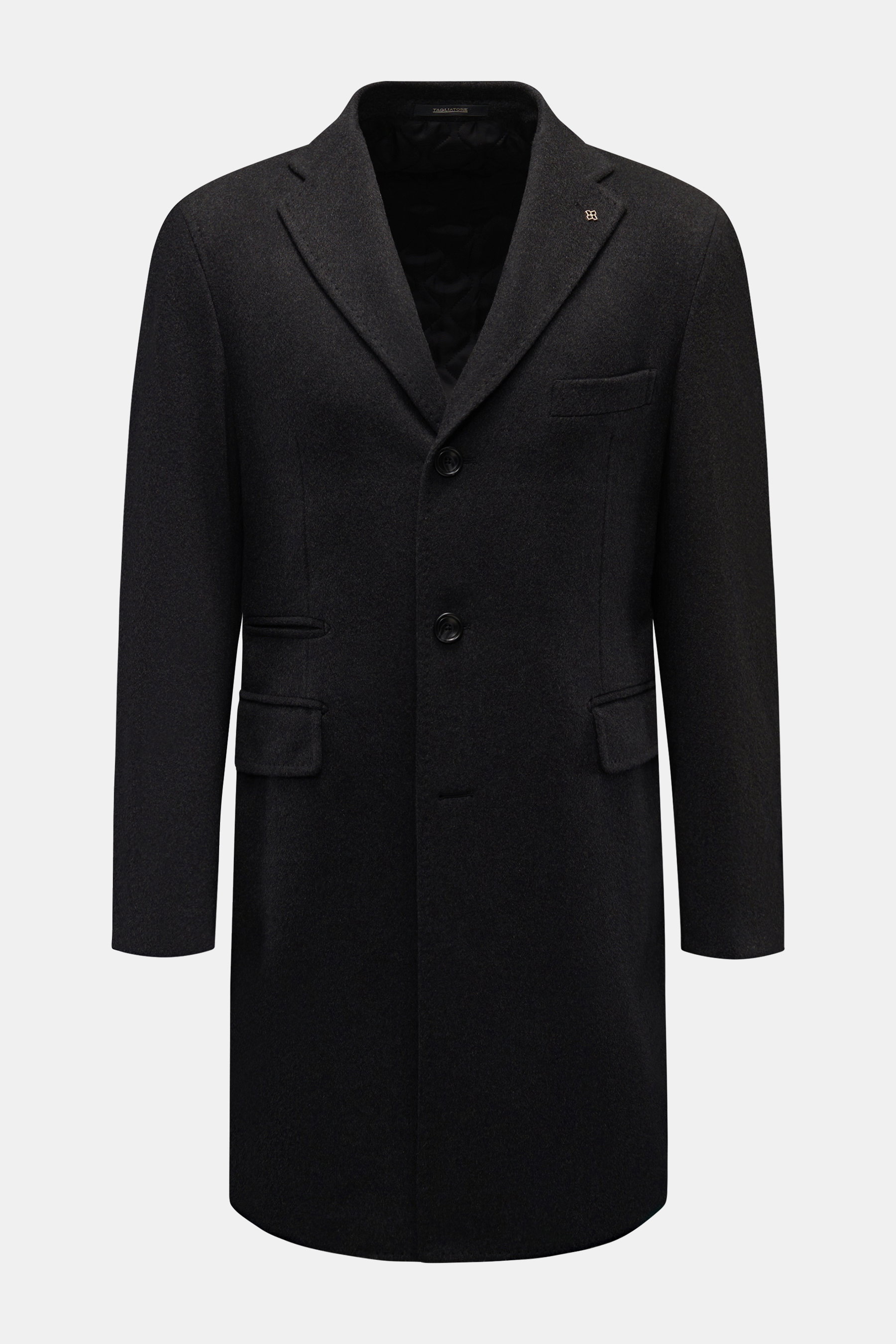 Tagliatore Cashmere Mantel anthrazit, Slim Fit, aus reinem Cashmere, mit Reverskragen, drei Knöpfen, Billett- und Pattentaschen, frontal fotografiert.