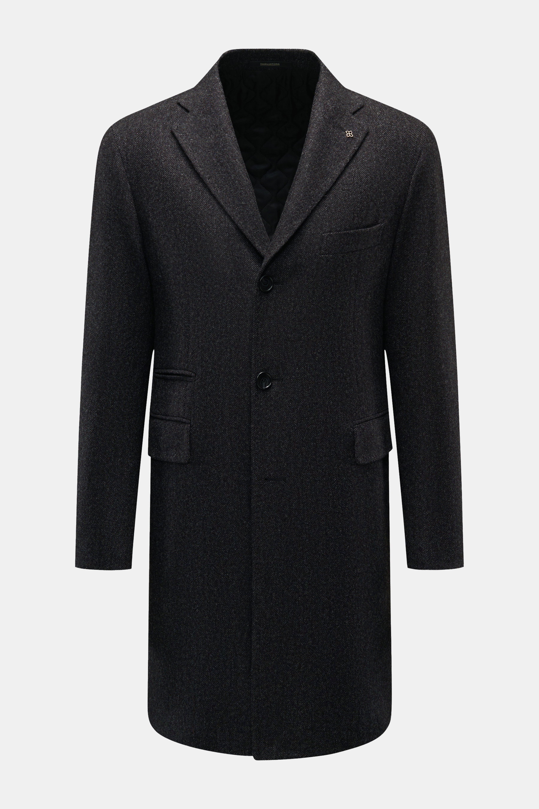 Tagliatore Mantel schwarz/grau gemustert, halb gefüttert, Fischgrat-Muster, Slim Fit, Dreiknopf-Leiste, Reverskragen, Front- und Innentaschen, von vorne fotografiert.