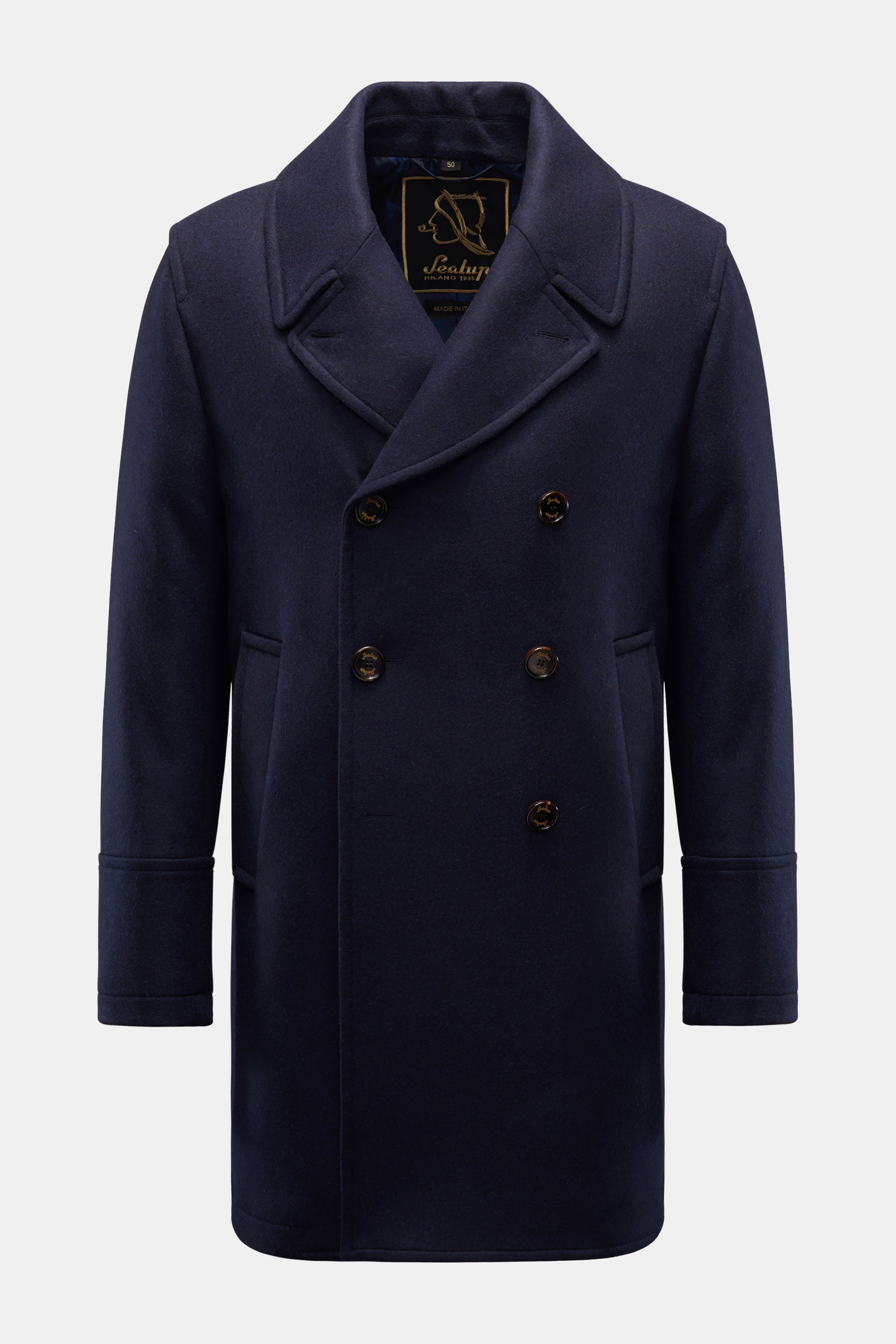 Sealup Caban-Kurzmantel dark navy in Slim Fit, Frontansicht, aus reiner Wolle mit leichter Wattierung, breitem Revers und drei Knöpfen.