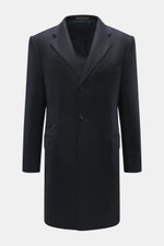 Corneliani Woll-Kurzmantel navy mit tonalem Fischgrat, Slim Fit, Drei-Knopf-Stil, Revers, Brust- und Pattentaschen, frontal fotografiert.