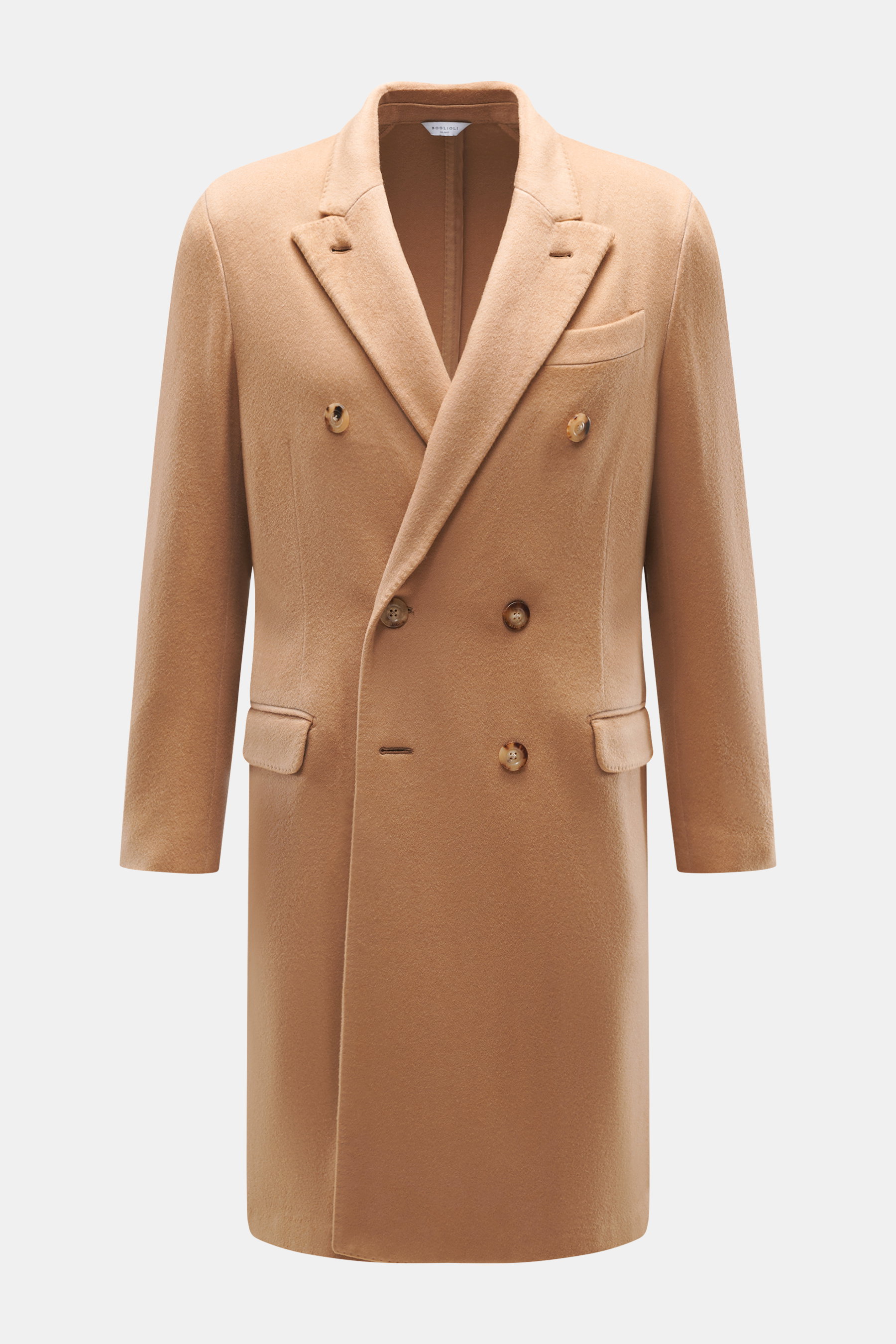Boglioli Cashmere Mantel camel, Frontansicht, zweireihig mit Reverskragen, Brusttasche, Hüfttaschen, Kissing Buttons, soft, ungefüttert, pure Cashmere.