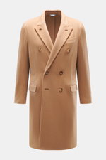 Boglioli Cashmere Mantel camel, Frontansicht, zweireihig mit Reverskragen, Brusttasche, Hüfttaschen, Kissing Buttons, soft, ungefüttert, pure Cashmere.