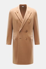 Boglioli Cashmere Mantel camel, Frontansicht, zweireihig mit Reverskragen, Brusttasche, Hüfttaschen, Kissing Buttons, soft, ungefüttert, pure Cashmere.