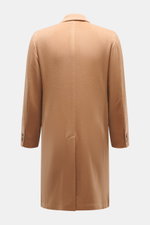 Boglioli Cashmere Mantel camel, Rückansicht, zweireihig, weicher Griff, Reverskragen, Kissing Buttons, Rückenmittelschlitz, ungefüttert, zwei Innentaschen.