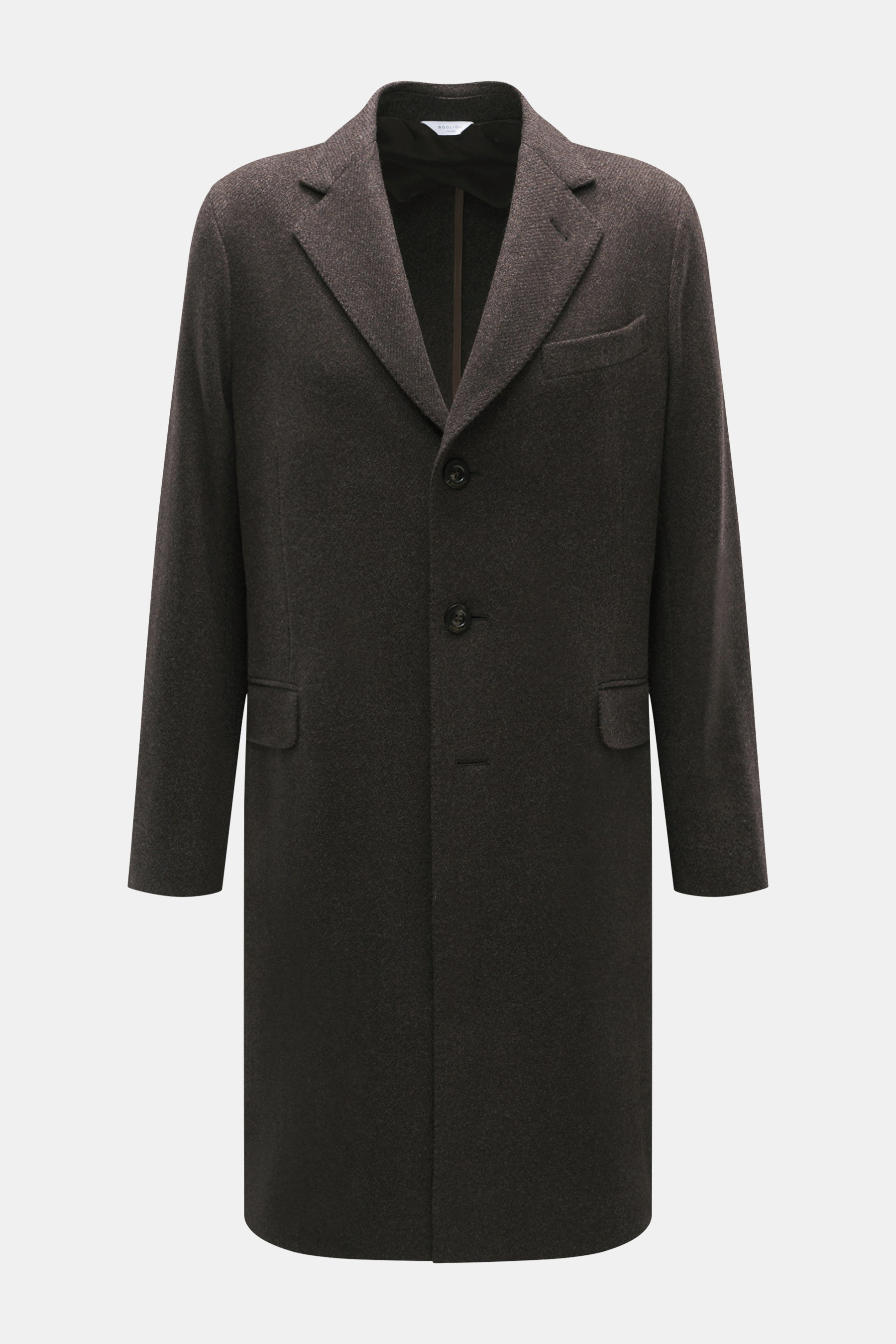 Front view of Boglioli Cashmere Mantel navy, a luxury unlined coat in soft pure cashmere with notch lapels, three-button closure, chest pocket, flap hip pockets, kissing buttons, center back vent, and two inner pockets. This exclusive coat complements bot