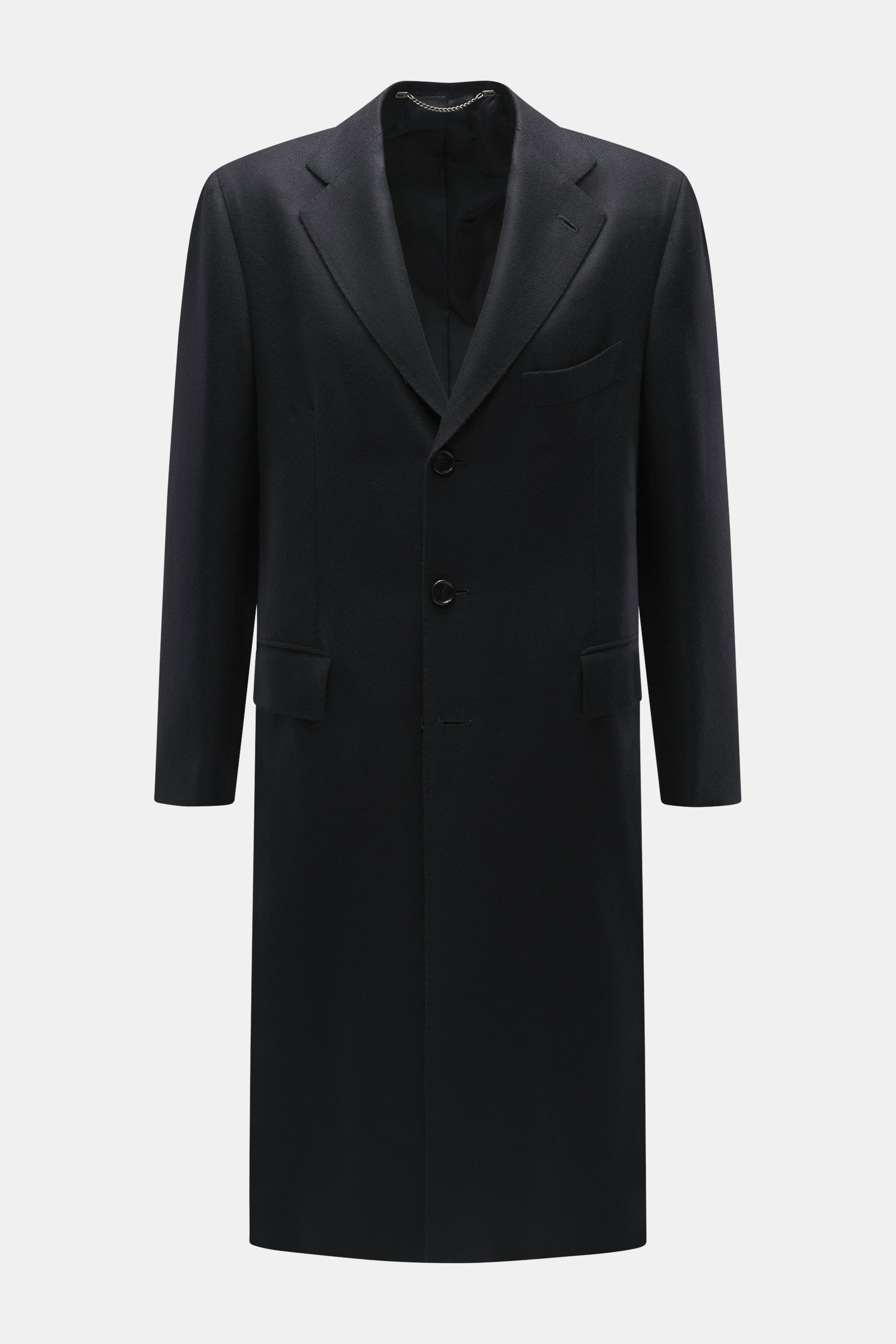 Cesare Attolini Cashmere Mantel schwarz, Slim Fit, Dreiknopf-Leiste, fallendes Revers, Brusttasche, Hüfttaschen, glattes Futter, frontal fotografiert, reiner Cashmere.