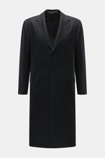 Cesare Attolini Cashmere Mantel schwarz, Slim Fit, Dreiknopf-Leiste, fallendes Revers, Brusttasche, Hüfttaschen, glattes Futter, frontal fotografiert, reiner Cashmere.