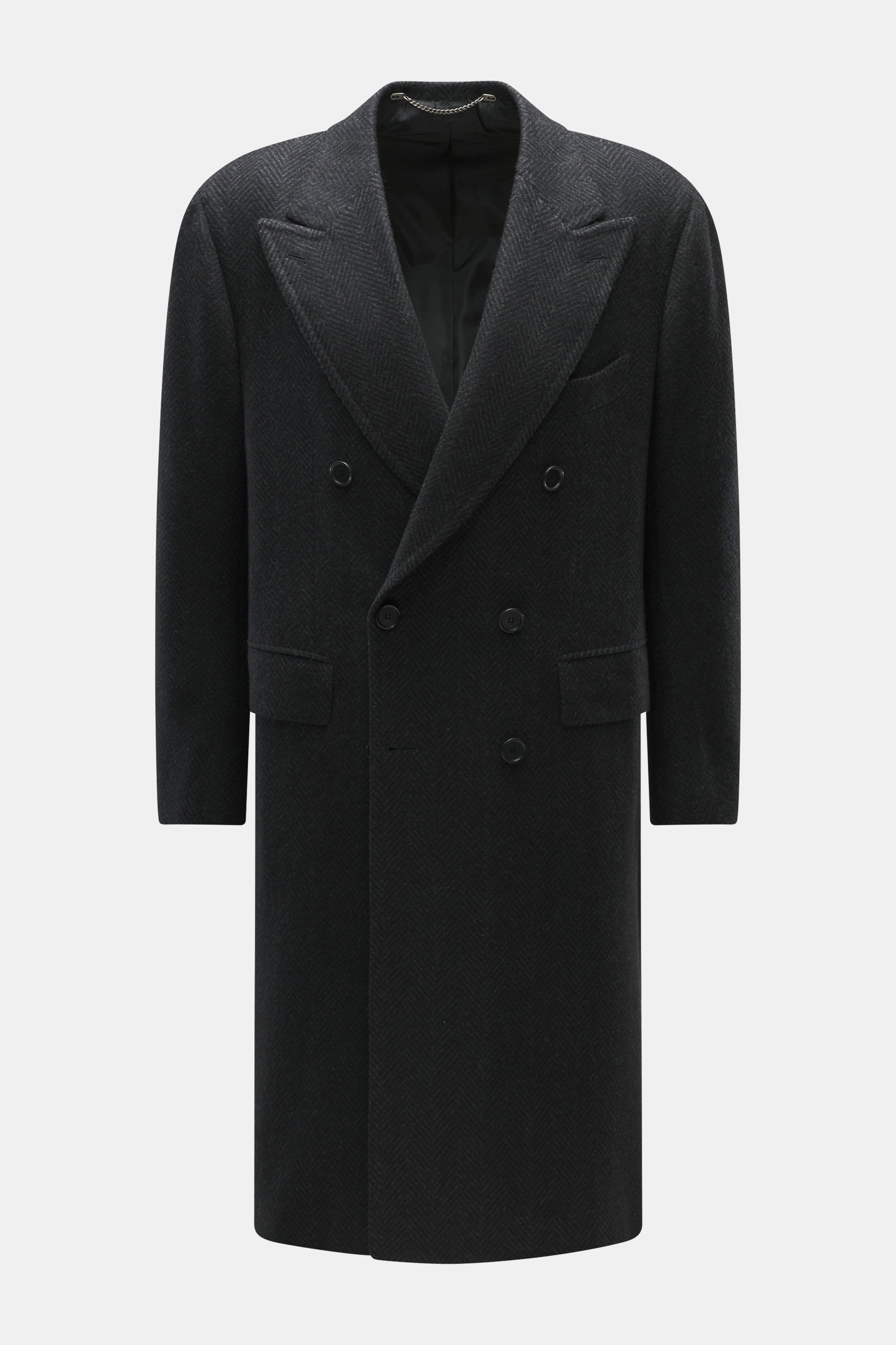 Front view of Cesare Attolini Cashmere Coat dark grey patterned, a slim fit double-breasted coat with peak lapel, breast pocket, welt pockets, and smooth lining. Made from cashmere with virgin wool for a very soft feel, featuring two inside pockets, cente