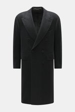 Front view of Cesare Attolini Cashmere Coat dark grey patterned, a slim fit double-breasted coat with peak lapel, breast pocket, welt pockets, and smooth lining. Made from cashmere with virgin wool for a very soft feel, featuring two inside pockets, cente