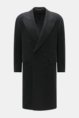 Front view of Cesare Attolini Cashmere Coat dark grey patterned, a slim fit double-breasted coat with peak lapel, breast pocket, welt pockets, and smooth lining. Made from cashmere with virgin wool for a very soft feel, featuring two inside pockets, cente