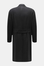 Rear view of Cesare Attolini Cashmere Coat dark grey patterned, classic cashmere with wool, slim fit, unfinished cuffs, center back vent, and buttoned belt.