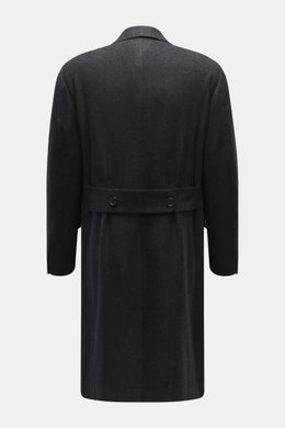 Rear view of Cesare Attolini Cashmere Coat dark grey patterned, classic cashmere with wool, slim fit, unfinished cuffs, center back vent, and buttoned belt.