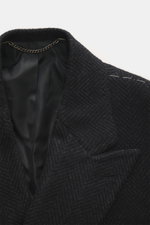 Cesare Attolini Cashmere Coat dark grey patterned shown from a close-up front angle, featuring cashmere with wool, slim fit, double-breasted buttons, peak lapel, classic breast pocket, welt front pockets, smooth lining, and inside pockets.