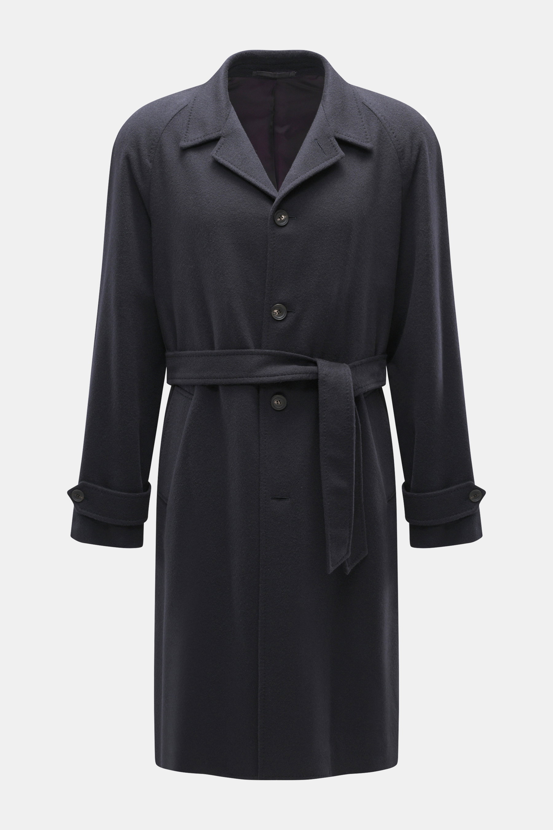 Vorderansicht des Stile Latino Cashmere Mantel 'Zante' navy aus reinem Cashmere mit Slim Fit, Taillengürtel, Raglanärmeln und variablen Reverskragen.