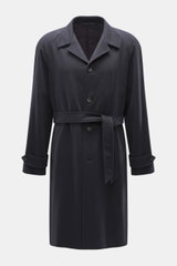 Vorderansicht des Stile Latino Cashmere Mantel 'Zante' navy aus reinem Cashmere mit Slim Fit, Taillengürtel, Raglanärmeln und variablen Reverskragen.