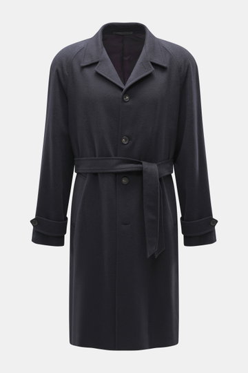 Front view of the Stile Latino Cashmere Coat 'Zante' navy, a slim fit pure cashmere coat with waist belt, variable lapel collar, raglan sleeves, five-button placket, slanted hip pockets, center back slit, half lining, sleeve cuffs with button tab, and two
